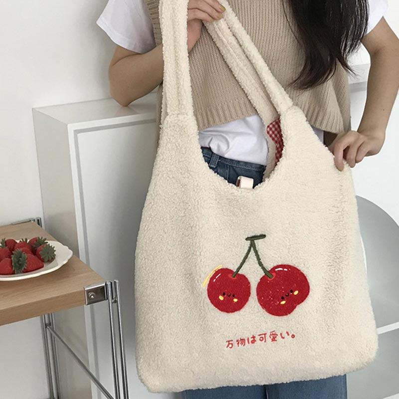 Sweet Cherry Embroidery Plush Tote Bag  |   Tote Bag Bags Creamy-White