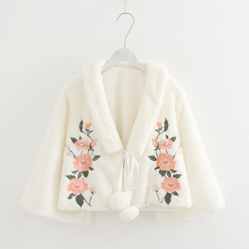 Sweet Flower Embroidery Short Jacket Fuzzy Ball  |   Outerwear Clothing Outerwear