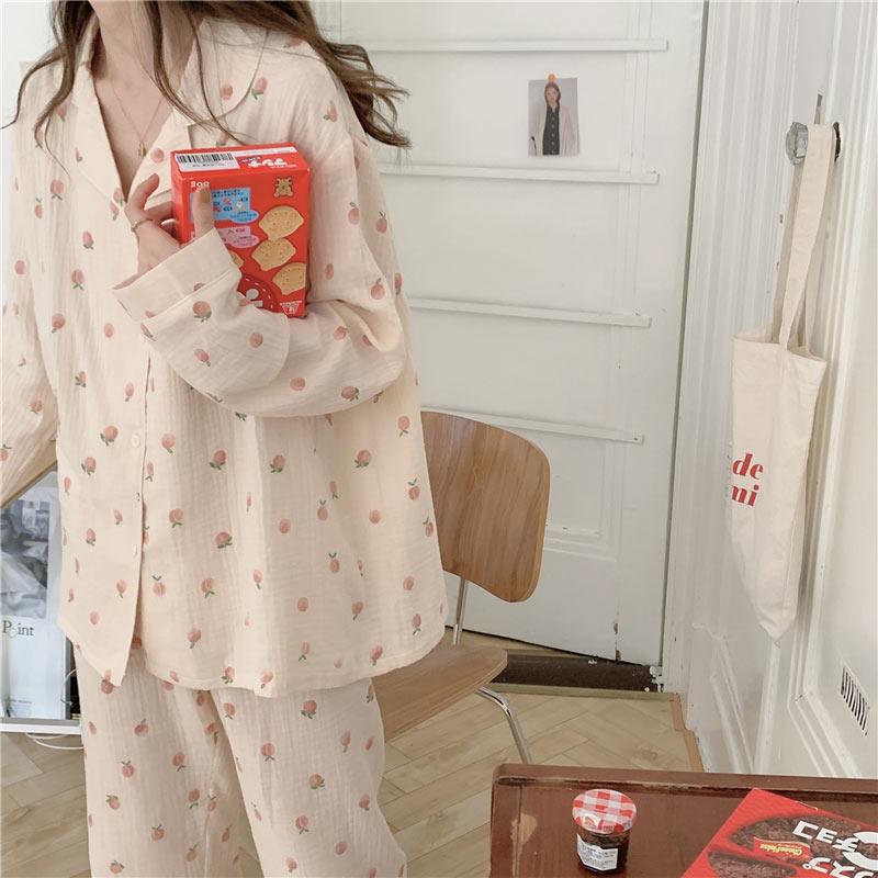 Sweet Peach Print Home Pajamas Set  |   Pajamas Clothing Apricot