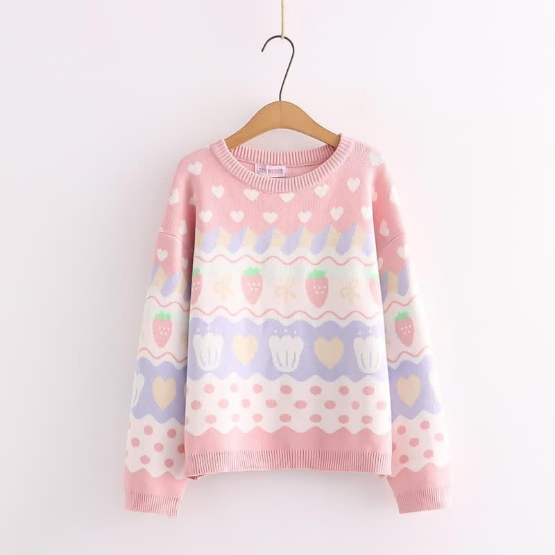 Sweet Strawberry Print Colorblock Casual Sweater  |   Sweater Clothing Pink