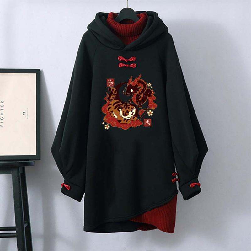 Tiger Dragon Print Buckle Vintage Hooded Sweatshirt Dress  |   Dresses Clothing Black