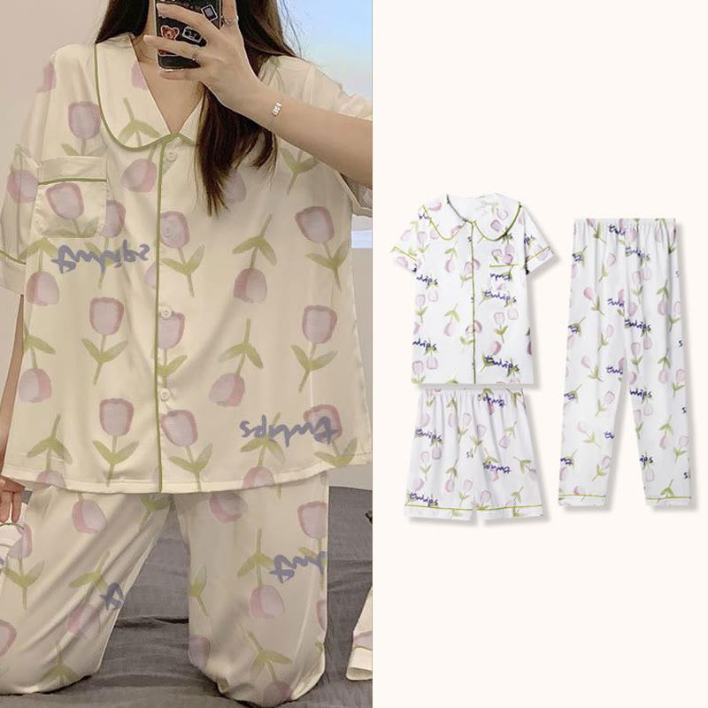 Tulip Flower Print Casual Summer Pajamas Three Piece Set  |   Pajamas Clothing Pajamas