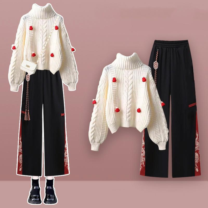 Turtleneck Knit Sweater Vintage Dragon Pattern Split Pants  |   Sweater Clothing Pants