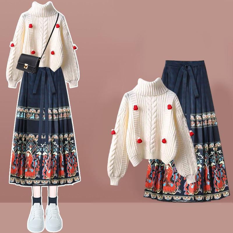 Turtleneck Knit Sweater Vintage Print Lace Up Pleated Skirt  |   Sweater Clothing Blue Skirt