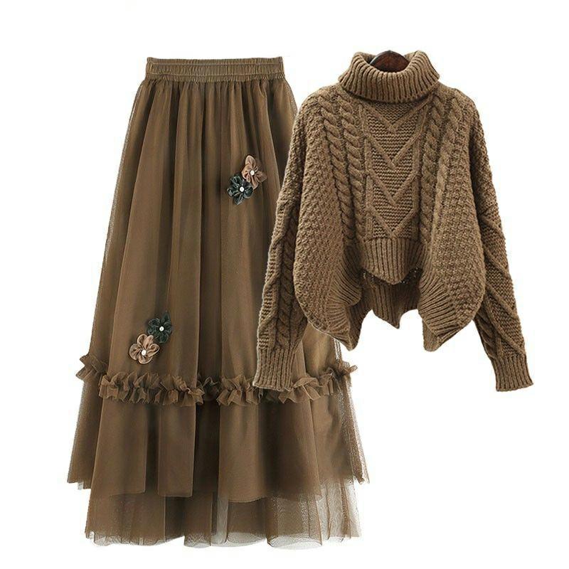 Turtleneck Sweater Blossom Decor Tulle Skirt Set  |   Sweater Clothing Khaki Sweater+ Khaki Skirt