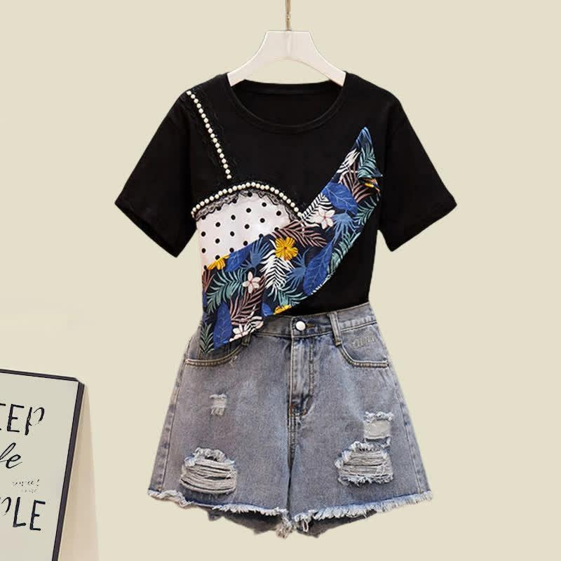 Two Pieces Polka Dots Print Casual T-Shirt Irregular Denim Skirt Denim Shorts  |   T-Shirts Clothing Shorts