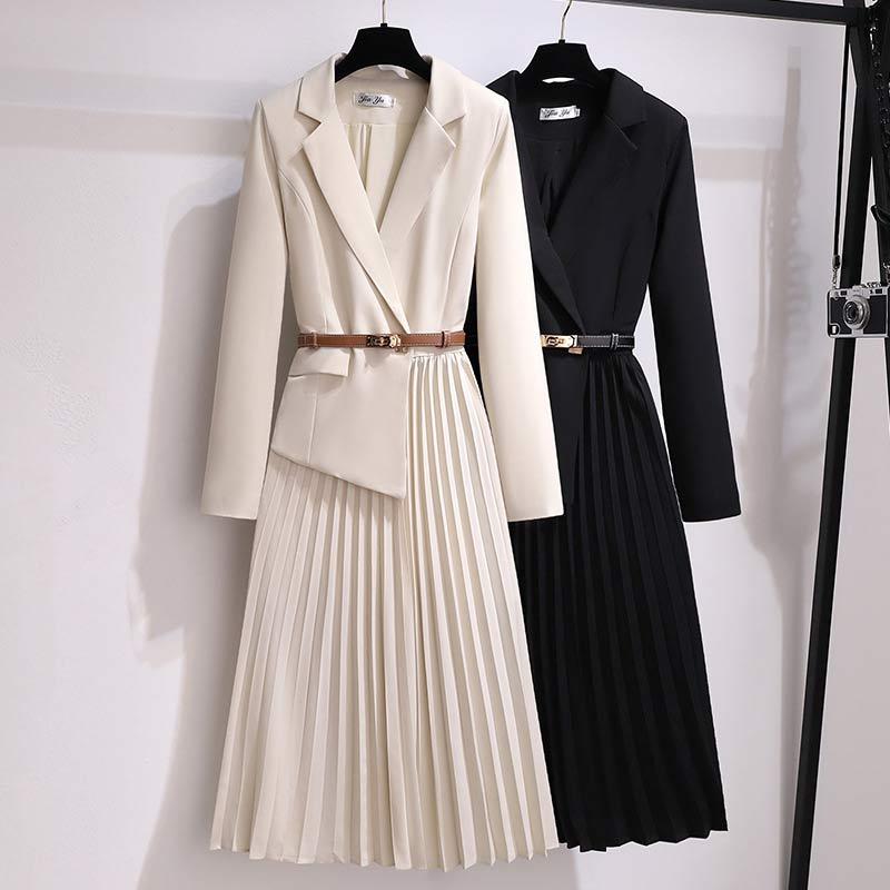 V-Neck Adjustable Belt Suit Pleated Dress  |   Outerwear Clothing Apricot