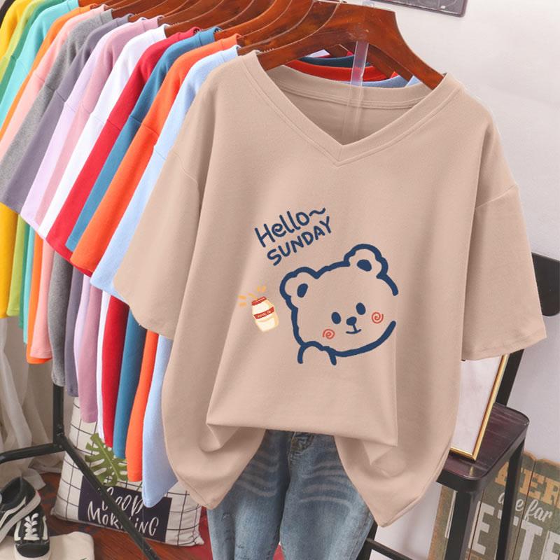 V-Neck Bear Letter Print Casual Loose T-Shirt  |   T-Shirts Clothing A