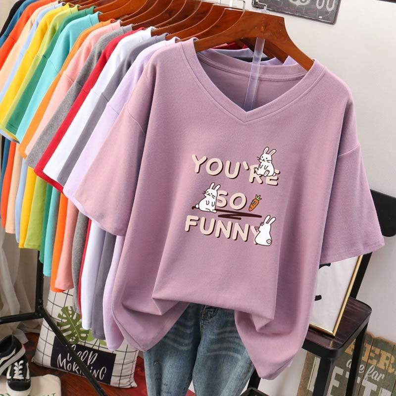 V-Neck Bunny Letter Print Casual Loose T-Shirt  |   T-Shirts Clothing A