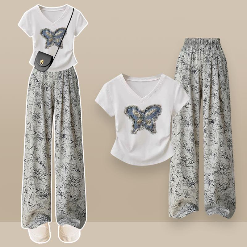 V-Neck Butterfly Print T-Shirt Floral Print Casual Pants Two Pieces  |   T-Shirts Clothing Apricot T-Shirt