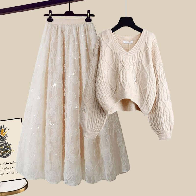 V-Neck Cable Knit Sweater Flower Pattern Tulle Skirt  |   Sweater Clothing Apricot Skirt