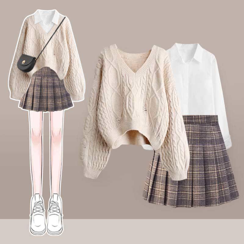 V-Neck Cable Knit Sweater Shirt Plaid Print Pleated Skirt Three Pieces  |   Sweater Clothing Set A