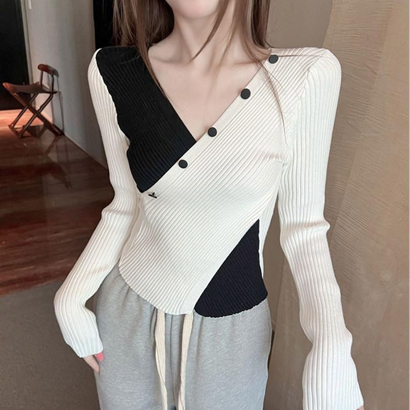 V-Neck Cross Colorblock Button Knit Slim Sweater Top  |   Sweater Clothing Black