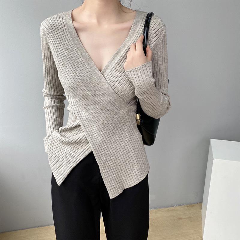 V-Neck Cross Textured Irregular Slim Sweater Top  |   Sweater Clothing Apricot