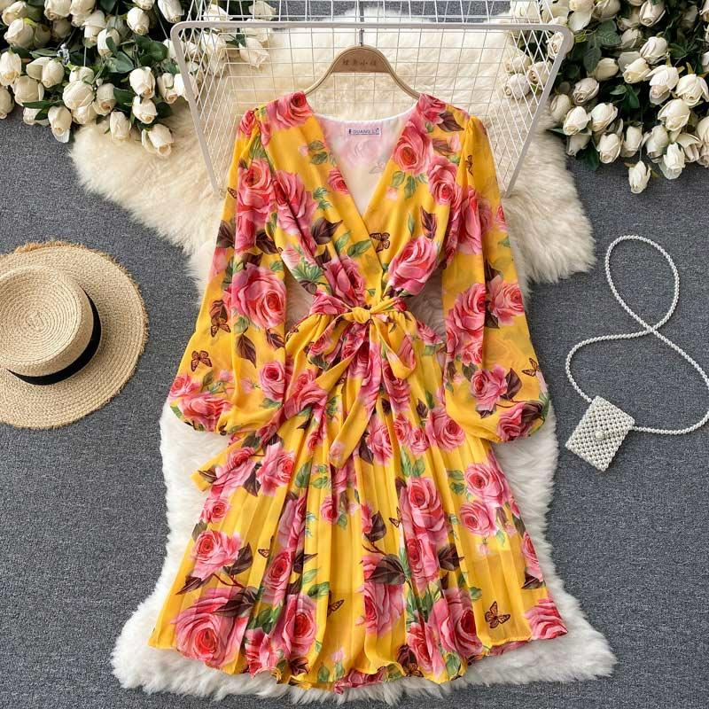 V-Neck Floral Print Lace Up Puff Sleeve Dress  |   Dresses Clothing Apricot