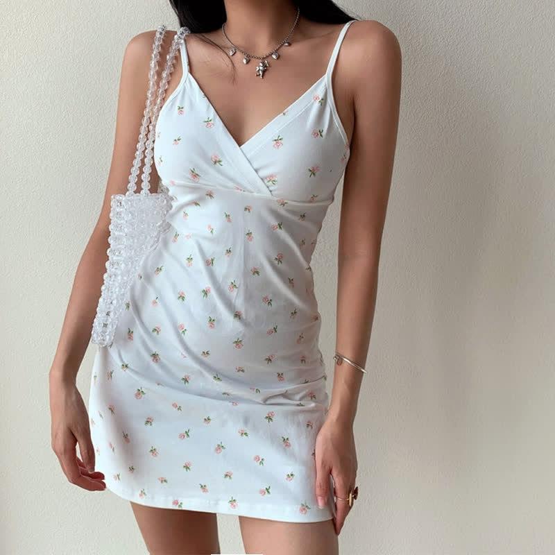 V-Neck Floral Print Silm Backless Slip Dress  |   Dresses Clothing Apricot