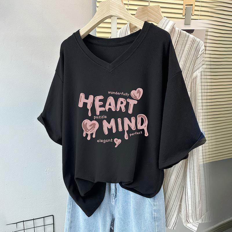 V-Neck Heart Letter Print Casual Loose T-Shirt  |   T-Shirts Clothing A