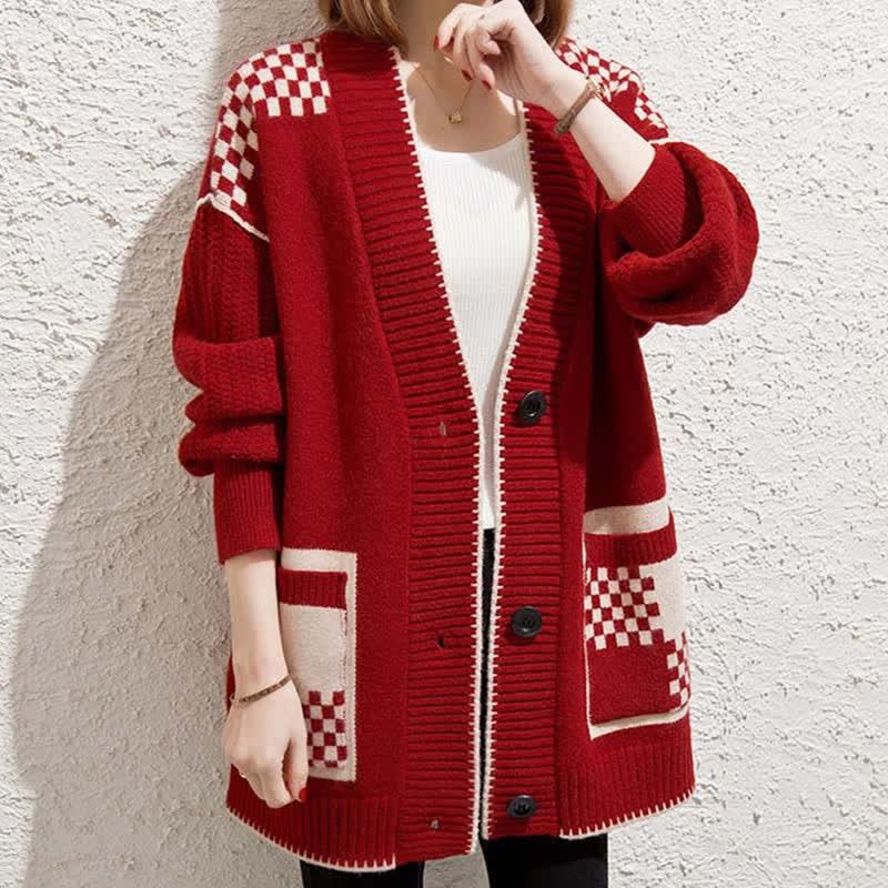 V-Neck Plaid Print Colorblock Pocket Knit Sweater Cardigan  |   Sweater Clothing Beige