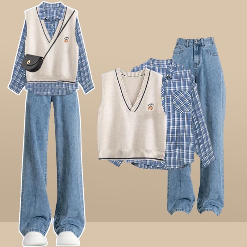 V-Neck Pumpkin Embroidery Vest Plaid Print Shirt Denim Pants Three Pieces  |   Pants Clothing Pants