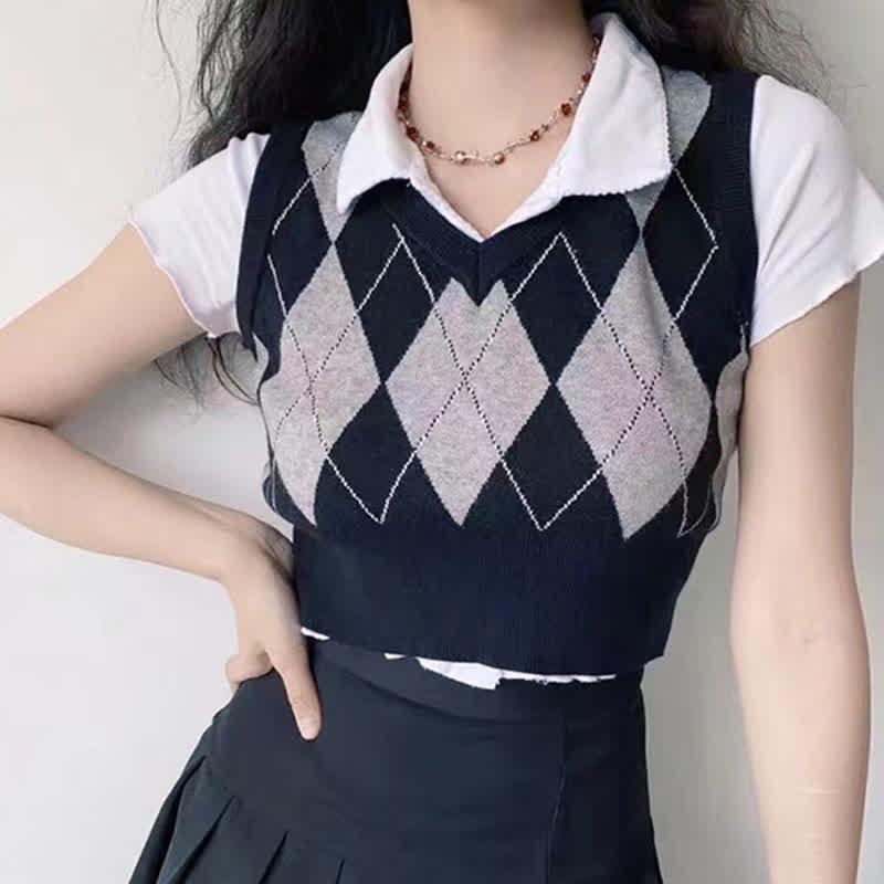 V-Neck Rhombus Pattern Colorblock Vest Sweater  |   Sweater Clothing Black