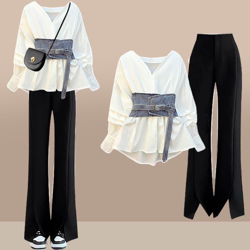 V-Neck Ruffled Blouse Split Pants Two Pieces  |   Pants Clothing Blouse