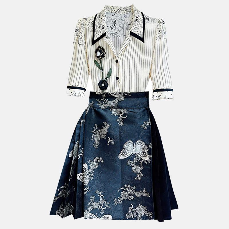 Vintage 3D Flower Stripe Shirt Blossom Butterfly Print Skirt Two Pieces Set  |   Skirts Clothing Set