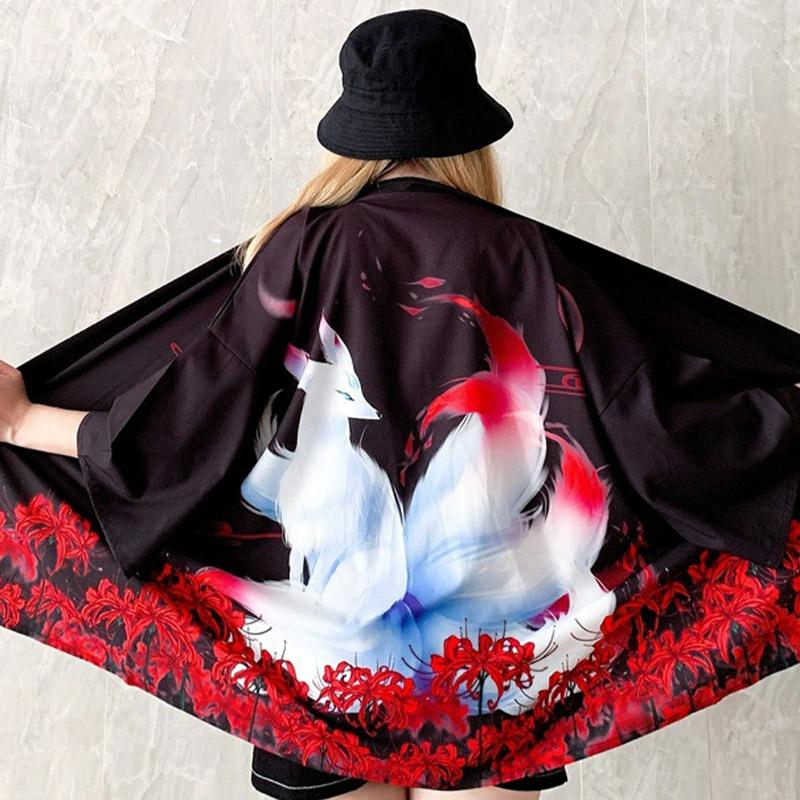 Vintage Anime Fox Blossom Print Cardigan Kimono Outerwear  |   Outerwear Clothing Black