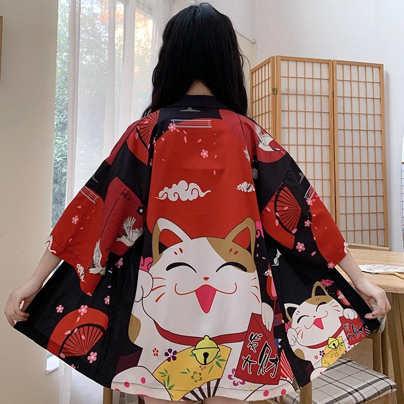 Vintage Anime Lucky Cat Print Cardigan Kimono Outerwear  |   Outerwear Clothing Black