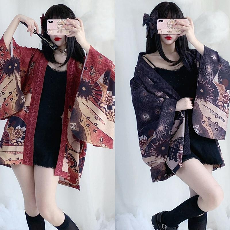 Vintage Anime Print Cardigan Kimono Outerwear  |   Outerwear Clothing Black