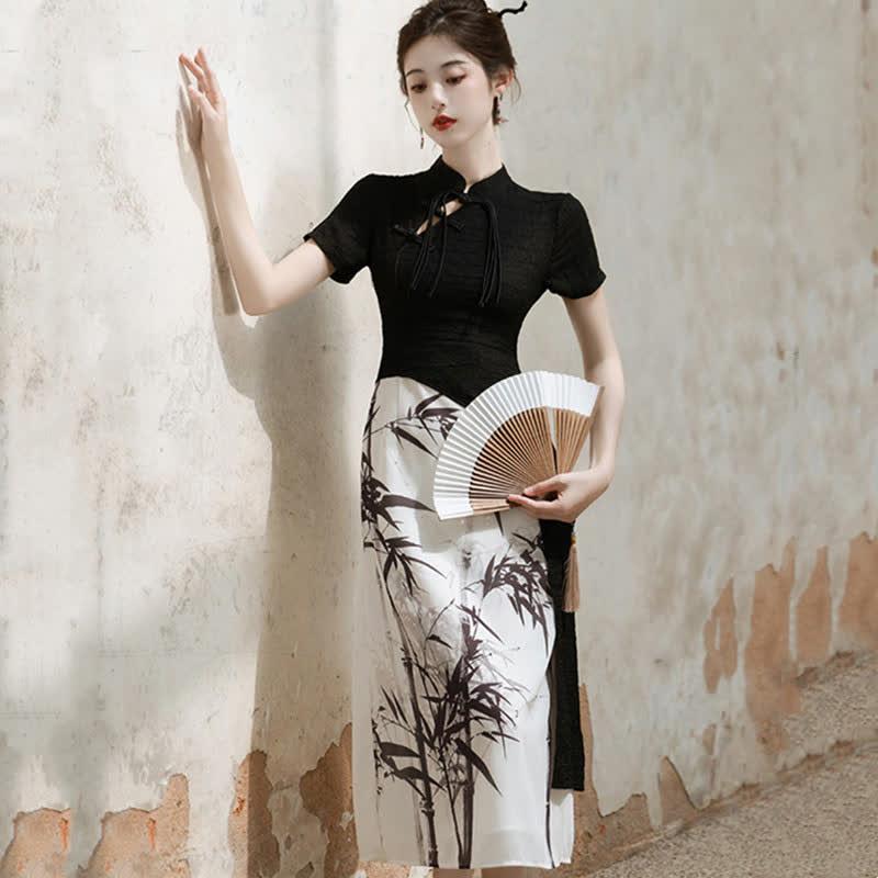 Vintage Bamboo Print Buckle Irregular Split Cheongsam Dress  |   Dresses Clothing Black