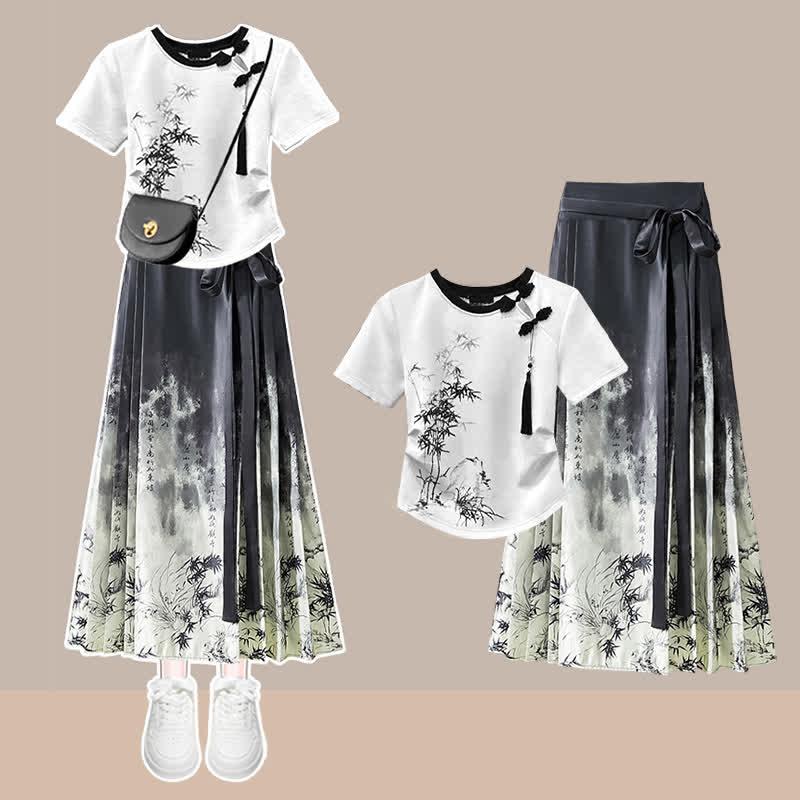 Vintage Bamboo Print Tassels T-Shirt High Waist Pleated Skirt  |   T-Shirts Clothing Pleated Skirt