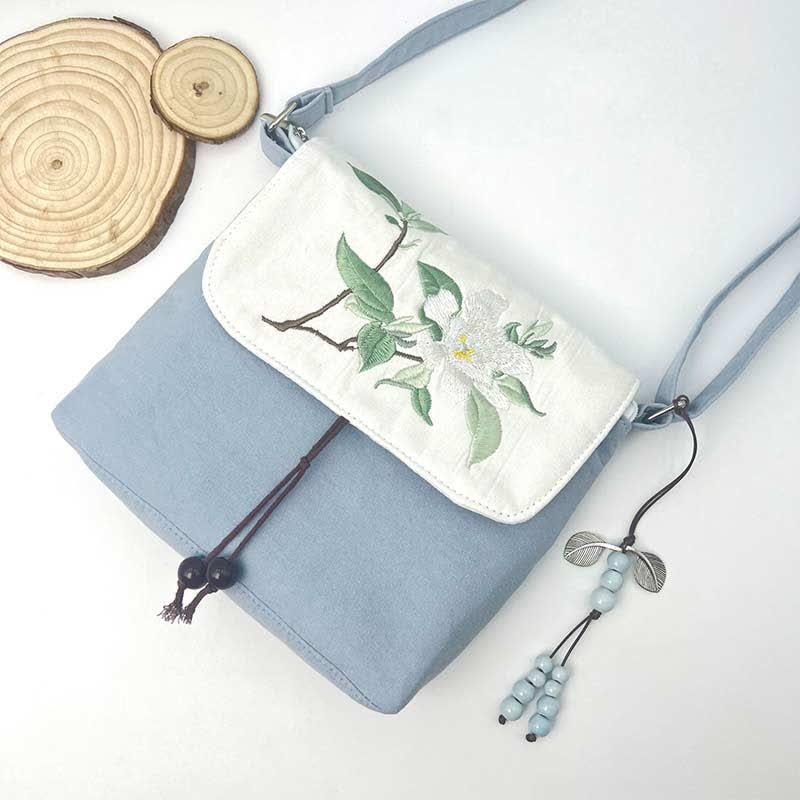 Vintage Blossom Embroidery Canvas Crossbody Bag  |   Crossbody Bag Bags Blue