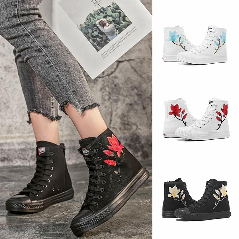 Vintage Blossom Embroidery Lace Up Zipper Canvas Shoes  |   Sneakers Shoes Black 1