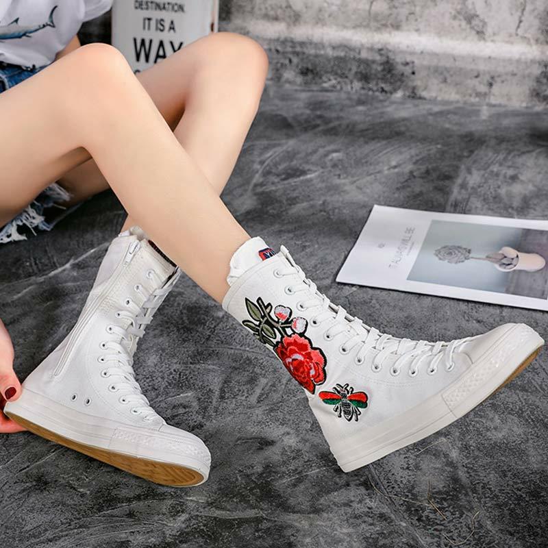 Vintage Blossom Embroidery Lace Up Zipper High Top Canvas Shoes  |   Boots Boots Black