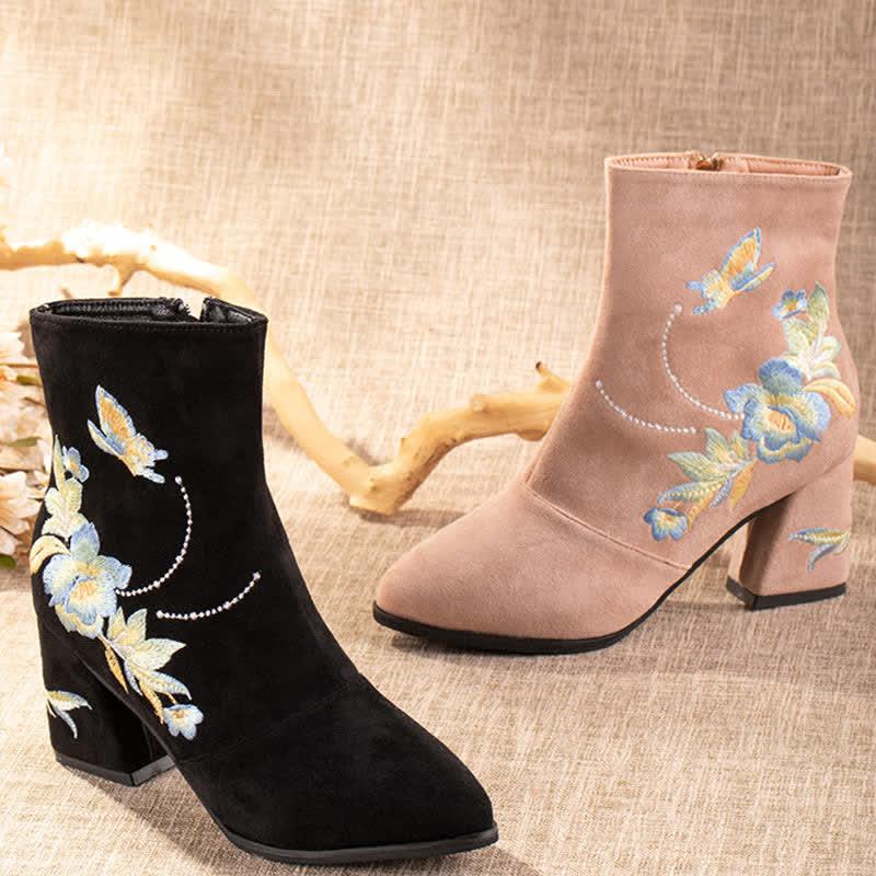 Vintage Blossom Embroidery Pointed Toe Zipper Boots  |   Boots Boots Apricot