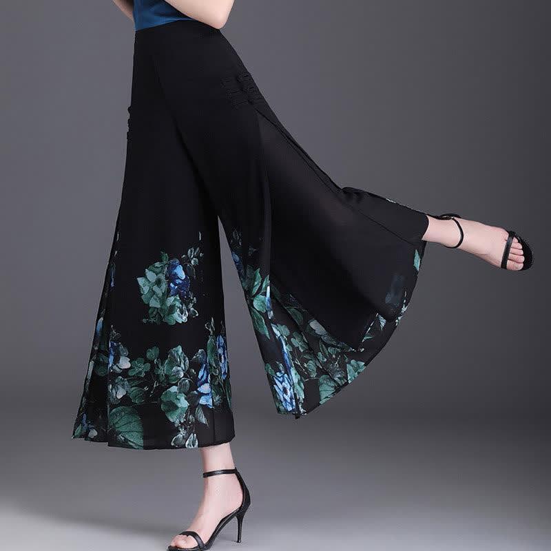 Vintage Blossom Print Buckle Split Casual Pants  |   Pants Clothing Black A