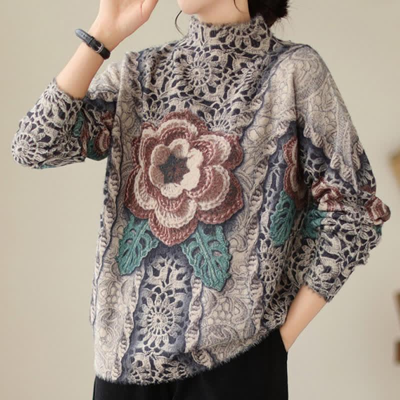 Vintage Blossom Print Mock Tutleneck Sweater  |   Sweater Clothing Brown