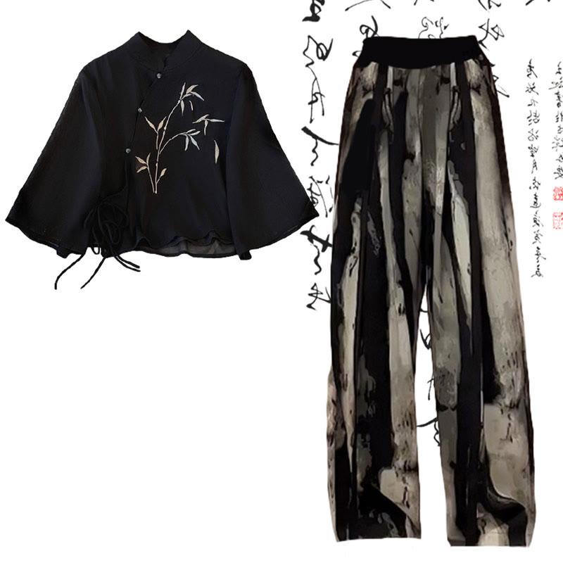 Vintage Buckle Bamboo Print Shirt Loose Casual Pants  |   Pants Clothing Pants