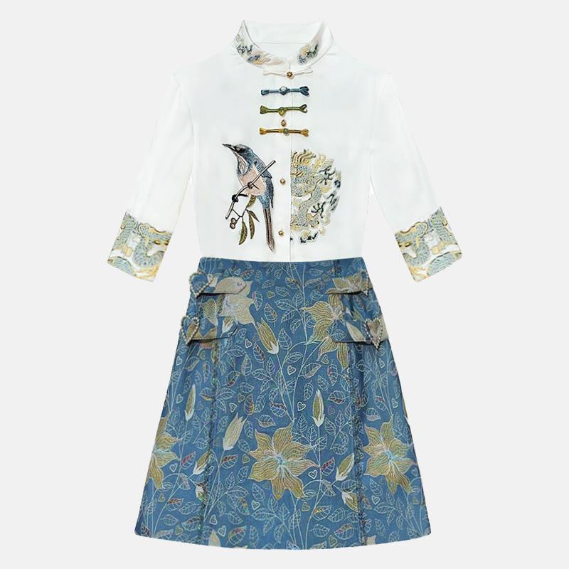 Vintage Buckle Bird Shirt Blossom Print Skirt Two Pieces Set  |   Skirts Clothing Set