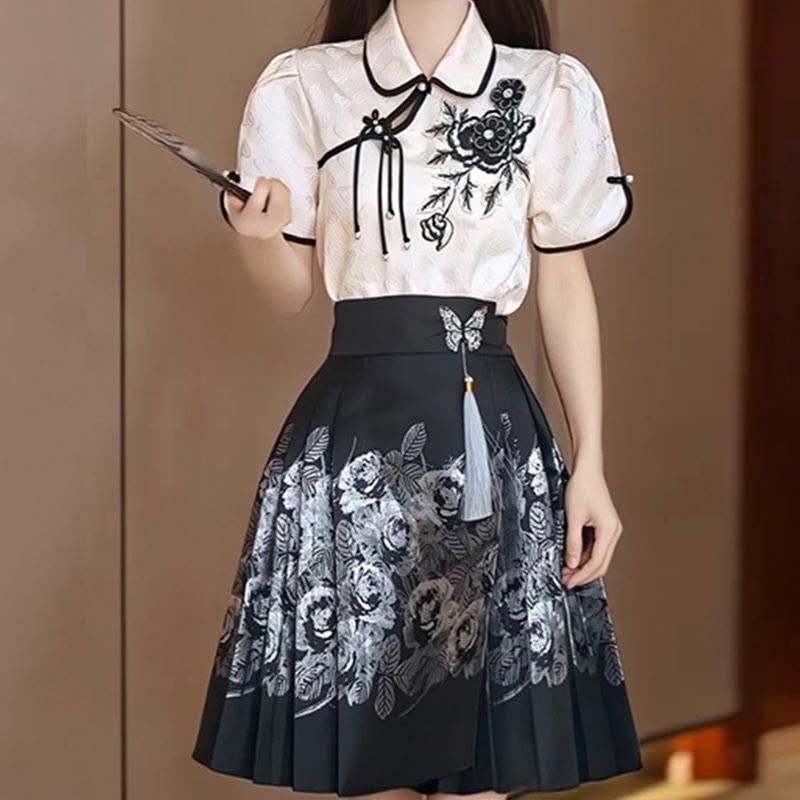 Vintage Buckle Blossom Shirt Flower Print Tassel Skirt Two Pieces Set  |   Skirts Clothing Set