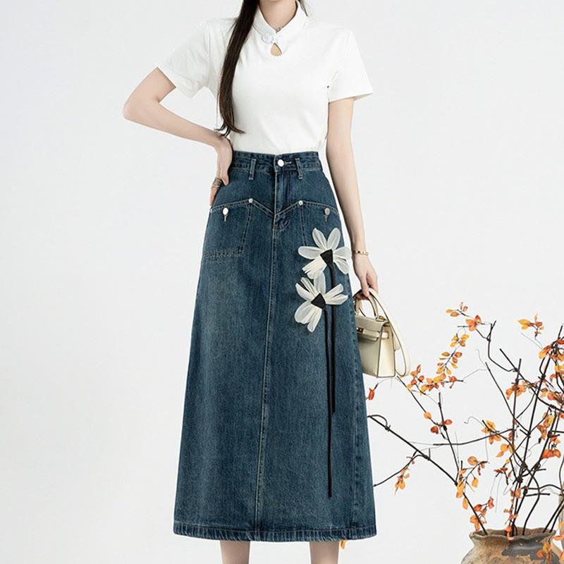 Vintage Buckle Blouse 3D Flower Denim Skirt Two Pieces  |   Skirts Clothing Skirts