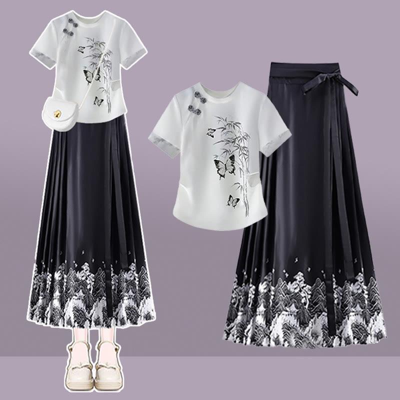 Vintage Buckle Butterfly Leaf Print T-Shirt Black Pleated Skirt Two Pieces  |   T-Shirts Clothing Set