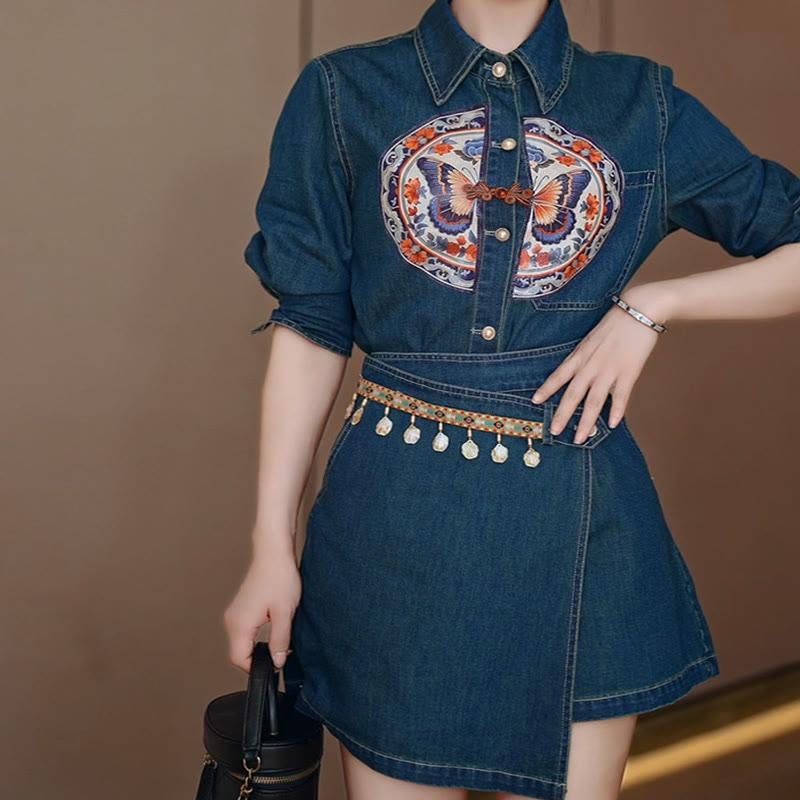 Vintage Buckle Butterfly Shirt Irregular Skirt Two Pieces Set  |   Skirts Clothing Set