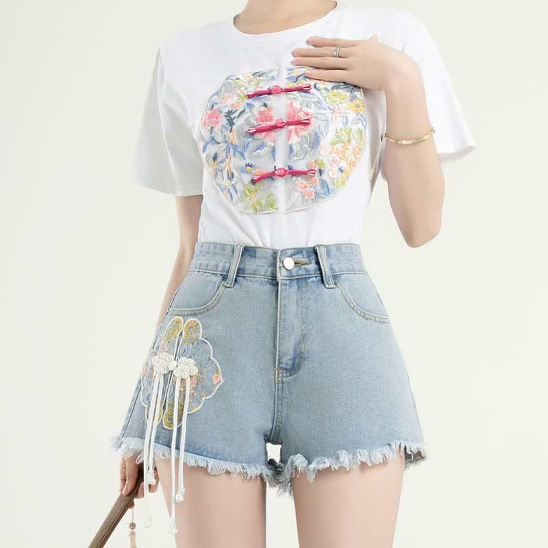 Vintage Buckle Embroidery T-Shirt Shorts Two Pieces  |   T-Shirts Clothing Shorts