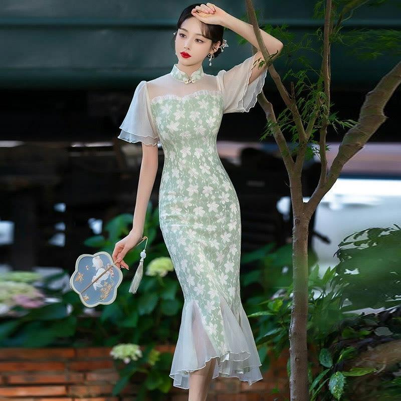 Vintage Buckle Floral Print Fishtail Cheongsam Dress  |   Dresses Clothing Blue