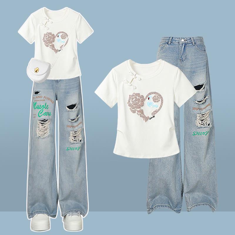 Vintage Buckle Heart Print T-Shirt Letter Print Ripped Denim Pants Two Pieces  |   T-Shirts Clothing Pants