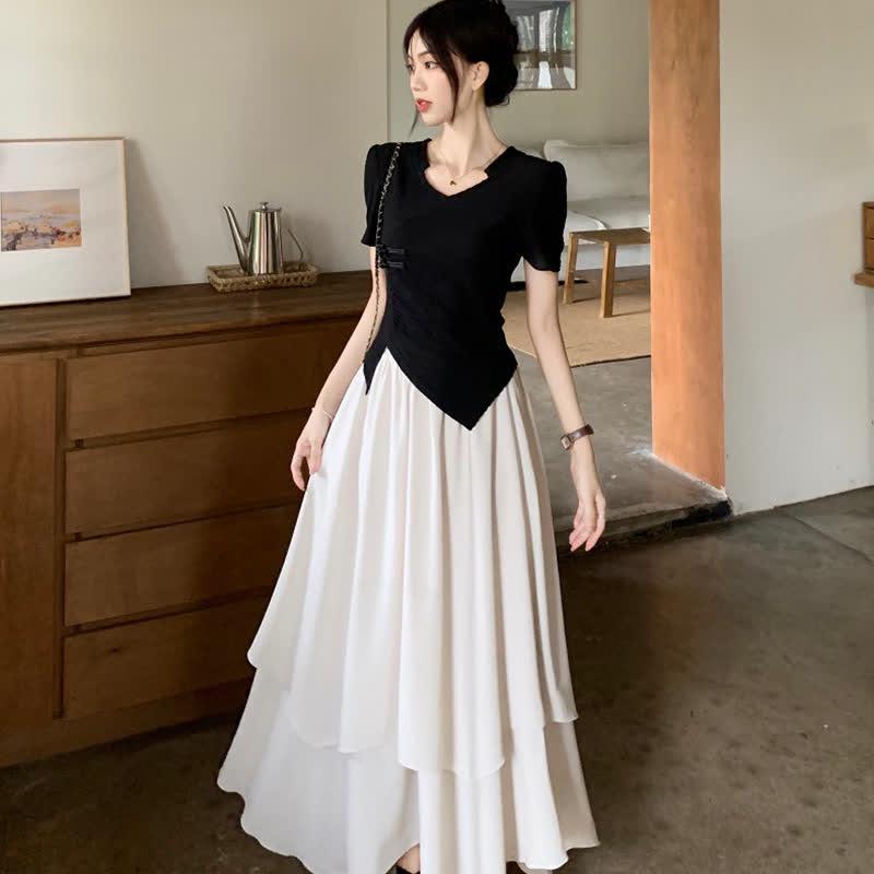 Vintage Buckle Irregular T-Shirt Layered Midi Skirt  |   T-Shirts Clothing Apricot Skirt