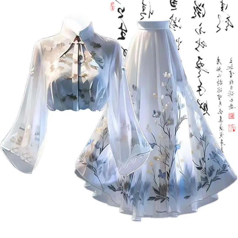 Vintage Buckle Long Sleeve Shirt Flower Print Skirt  |   Skirts Clothing Set