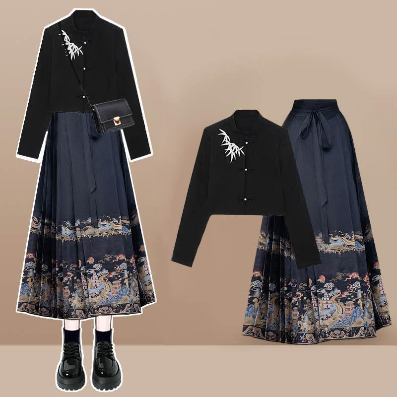 Vintage Buckle Long Sleeve Shirt High Waist Embroideried Pleated Skirt  |   Skirts Clothing Set