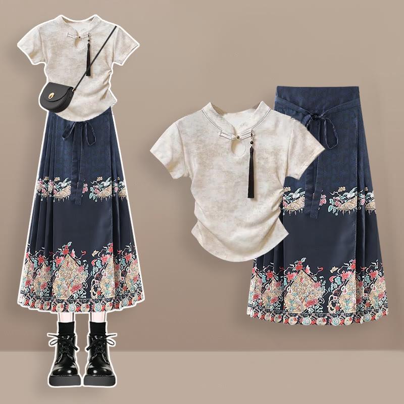 Vintage Buckle Shirt High Waist Flower Print Pleated Skirt  |   Skirts Clothing Beige+Black Skirt